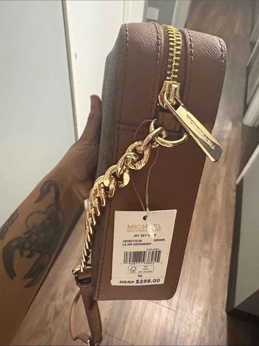 Michael Kors Brown/Tan Signature MK Crossbody Bag with Gold Chain